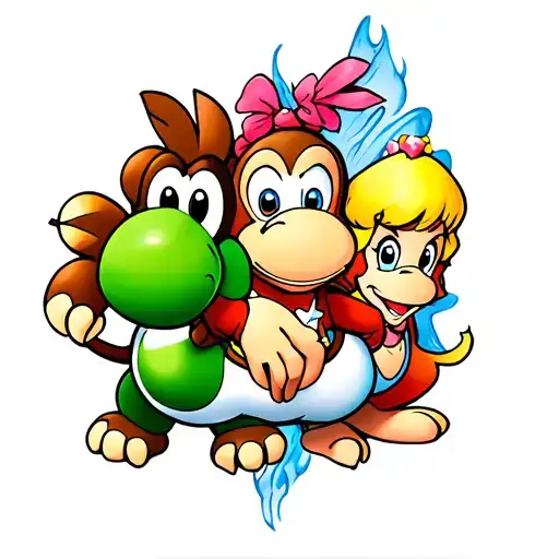 A highly detailed, full-color tattoo design featuring Yoshi, Donkey Kong, Toad, Birdo, and Princess Peach in a heartwarm tattoo design idea