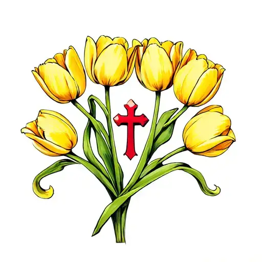yellow tulips, connected wavy vine around my wrist, a feminine cross on the back of my wrist, artistic fulfilled heart tattoo design idea