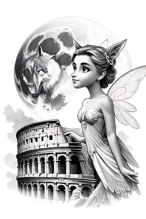 Tinker Bell with wolf moon inside Roman Coloseum tattoo design idea