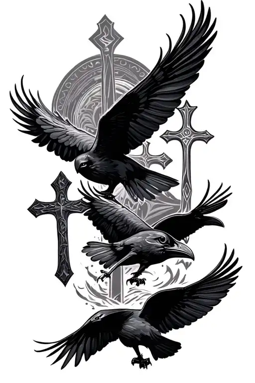 ravens flying 3 crosses tattoo design idea