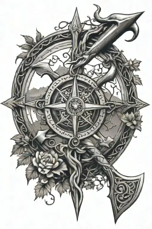 Viking, hammer, axe, tree, compass rose intertwined tattoo design idea