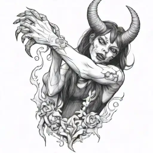 a drawing of a girl taking a demon by the hand tattoo design idea