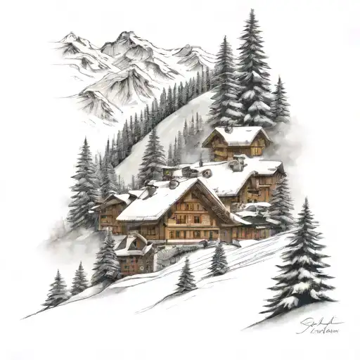 Mont Blanc, fir trees, skiing, descent, powder, star, small Savoyard village, church, 2 friends, La Giettaz, Savoie. tattoo design idea