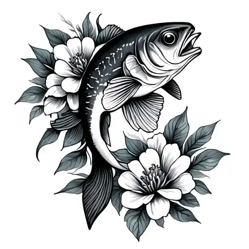 bass fish with flowers blooming tattoo design idea