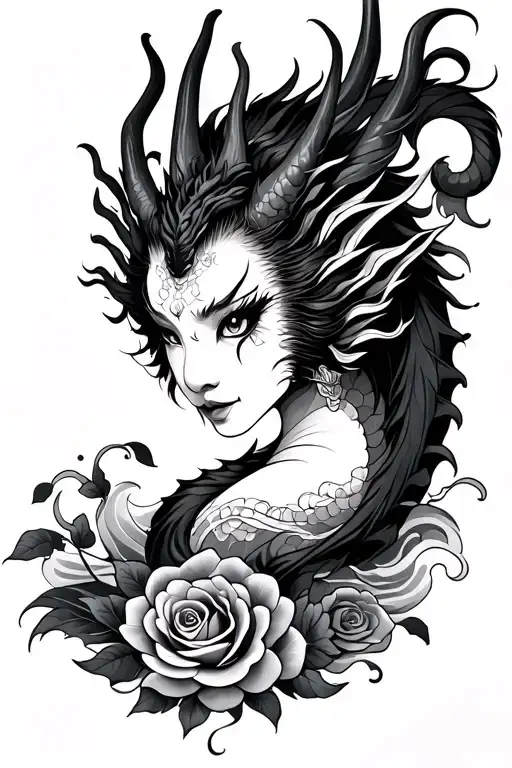 dragon, geisha Face with demon eyes, roses in The background, waves at The bottom tattoo design idea