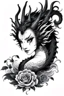dragon, geisha Face with demon eyes, roses in The background, waves at The bottom tattoo design idea