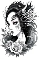 dragon, geisha Face with demon eyes, roses in The background, waves at The bottom tattoo design idea