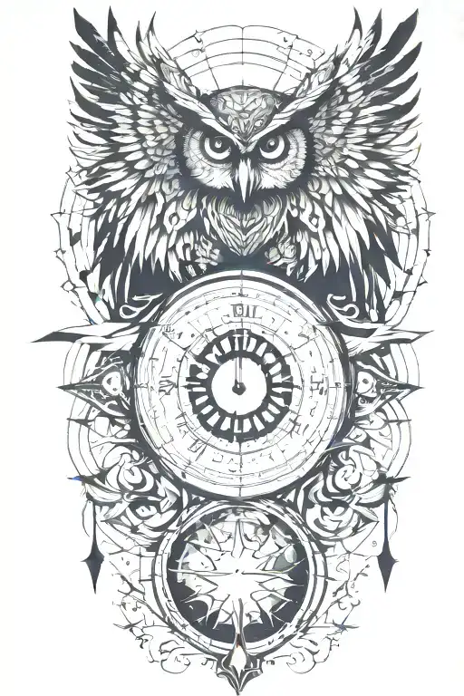 earth, moon, compass, time, owl, phoenix tattoo design idea