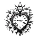 heart shaped clock with barbados trident and flowers surrounding  tattoo design idea