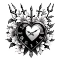 heart shaped clock with barbados trident and flowers surrounding  tattoo design idea
