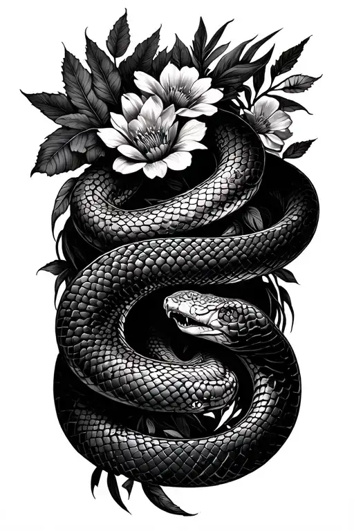 snake wrapped in exotic flowers and foliage, weaving wrapped around the arm tattoo design idea