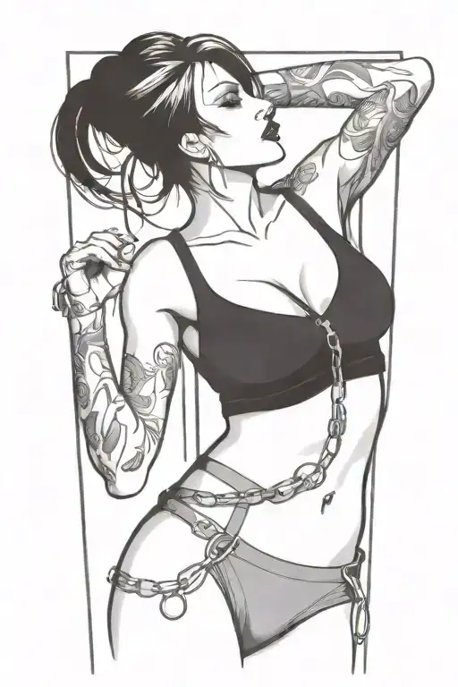 sexy woman in bondage underwear standing facing left tattoo design idea