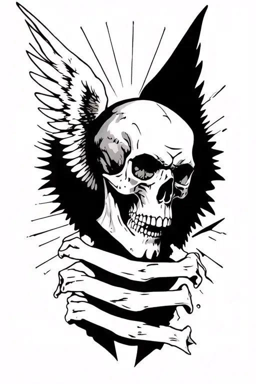 angel skull, devil skull, gritt, prison, cross, angel wings, rays, story, less black tattoo design idea