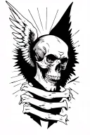 angel skull, devil skull, gritt, prison, cross, angel wings, rays, story, less black tattoo design idea