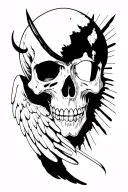 angel skull, devil skull, gritt, prison, cross, angel wings, rays, story, less black tattoo design idea