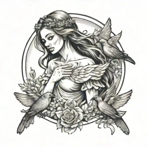 angel with birds creating a halo above her head tattoo design idea