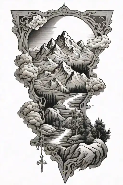 cross white mountain scene inside and outside  tattoo design idea