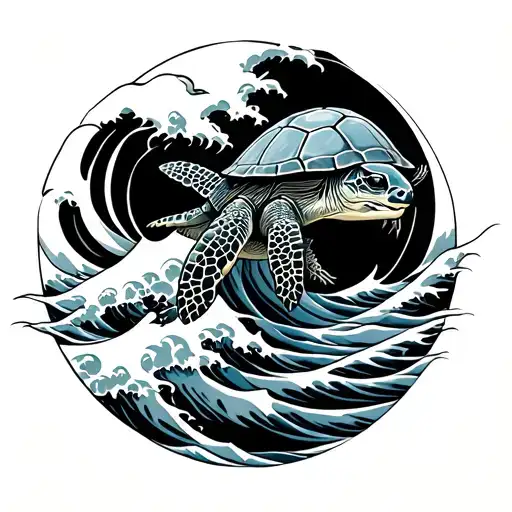 A japanese wave design with a turtle on it tattoo design idea