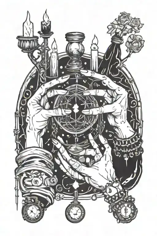 Create a tattoo of a pair of hands over a tarot spread with crystals, candles and a potion bottle tattoo design idea