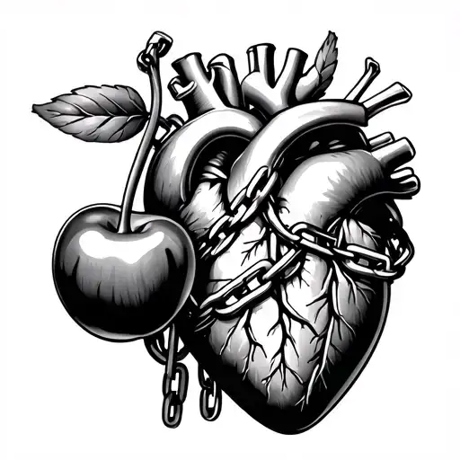 two connected cherries next to heart organ with chains wrapped around squeezing the middle tight tattoo design tattoo design idea
