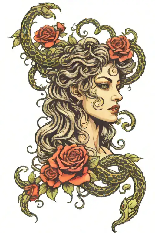 Medusa with snakes and roses intertwined tattoo design idea