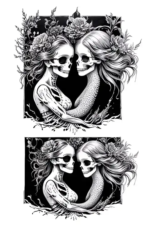 mother daughter mermaid skeleton decay tattoo design idea