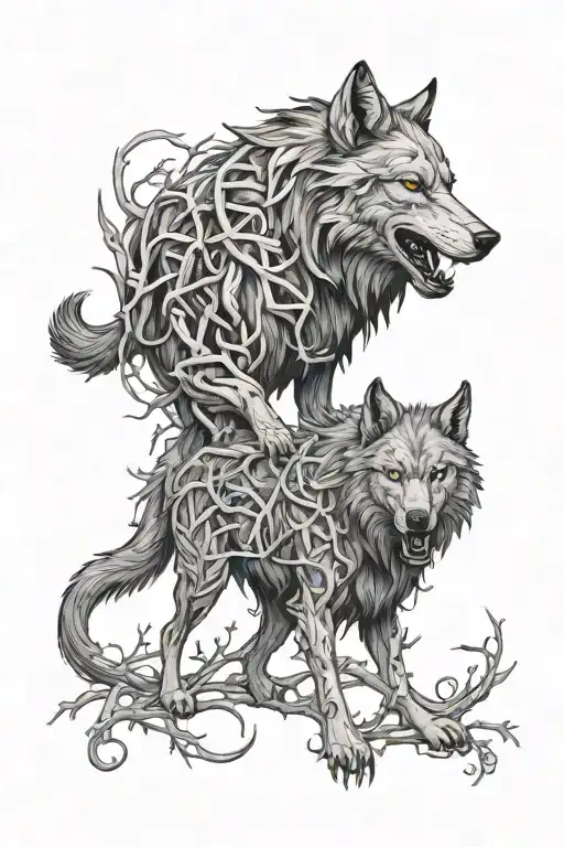 wolf Cerberus body with wendigo head sourounded by vines and thorns tattoo design idea