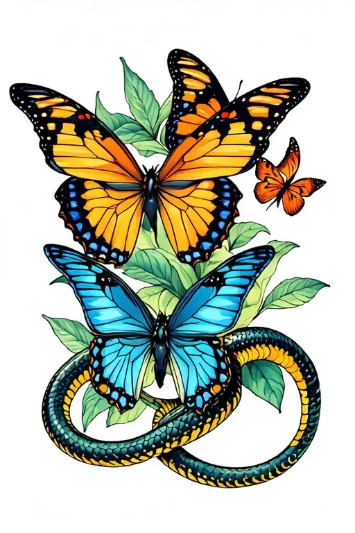 Butterflies and viper tattoo design idea