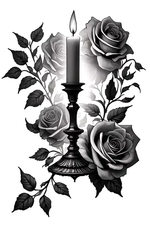 Give me a half sleeve tattoo of a lit candlestick with roses in the background tattoo design idea