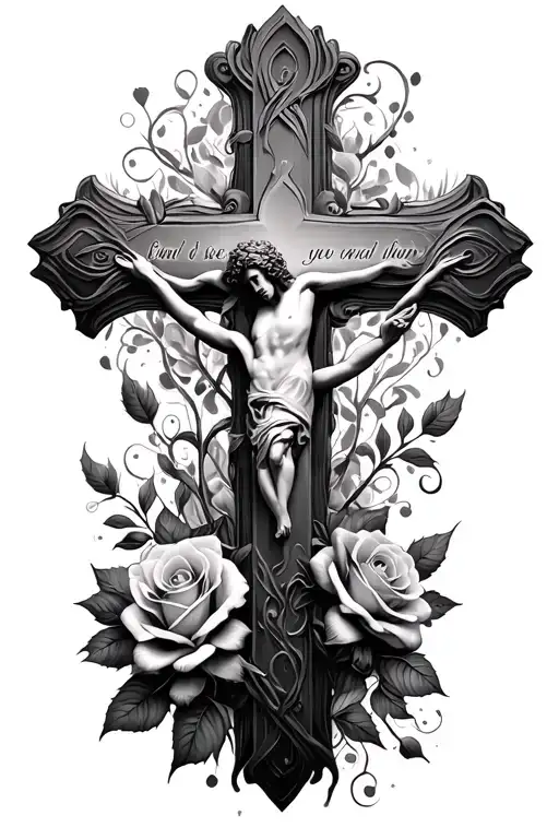 cross with scripture verses flowing and roses tattoo design idea