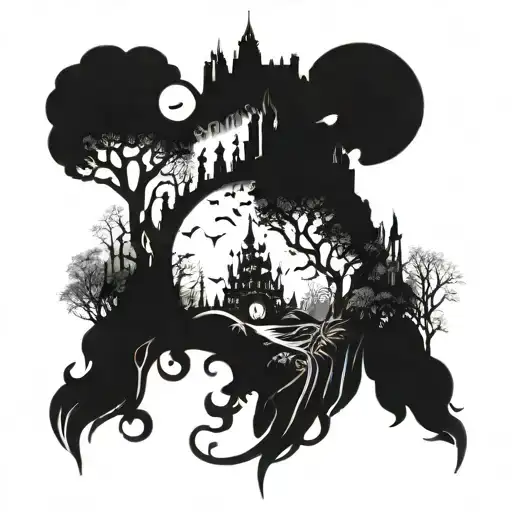 A dark and mysterious Disney villain inspired tattoo featuring a reverse harem of characters, set in a fantasy landscape tattoo design idea