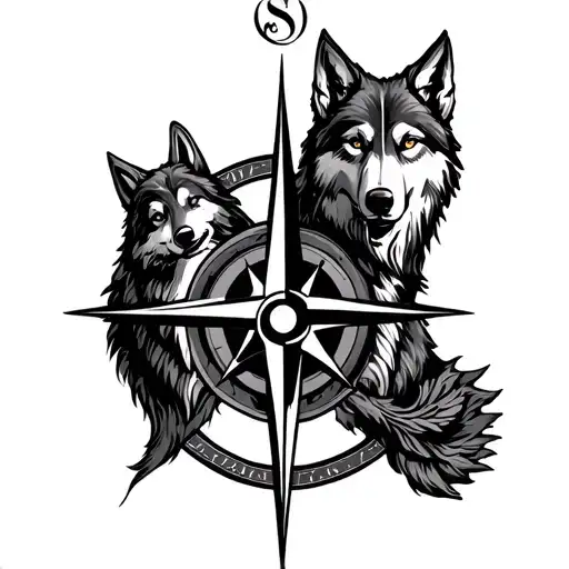 Family symbol with a wolf and a compass tattoo design idea
