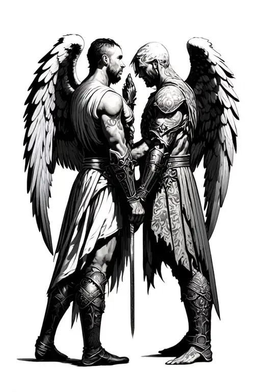 Angel gabriel and angel kastiel facing back patting down the shoulder of azrael wearing a full battle gear tattoo design idea