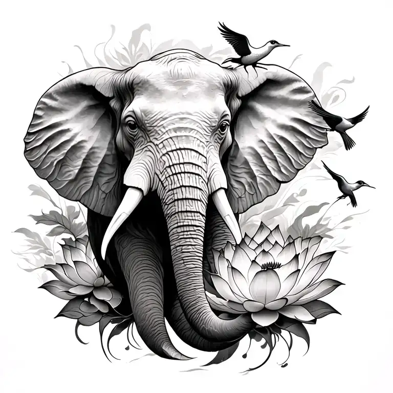 back tattoo ,elephant head, something representing power,peace and  black and white some colour highlights,lotus birds n tattoo design idea