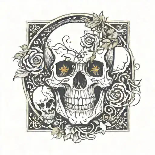 emperor tarot card, a half-cracked skull surrounded by lava in an irregular pattern, backgrounded with vines. less black tattoo design idea