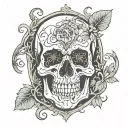 emperor tarot card, a half-cracked skull surrounded by lava in an irregular pattern, backgrounded with vines. less black tattoo design idea