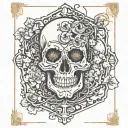 emperor tarot card, a half-cracked skull surrounded by lava in an irregular pattern, backgrounded with vines. less black tattoo design idea