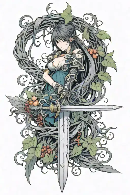 i want a sword facing downward with a singular vine wrapped around it with some fruit. add colour but minimal.  tattoo design idea