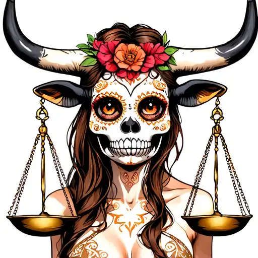 woman body bull with sugar skull markings, brown eyes, brown hair and two Libra scales with extra dark background tattoo design idea