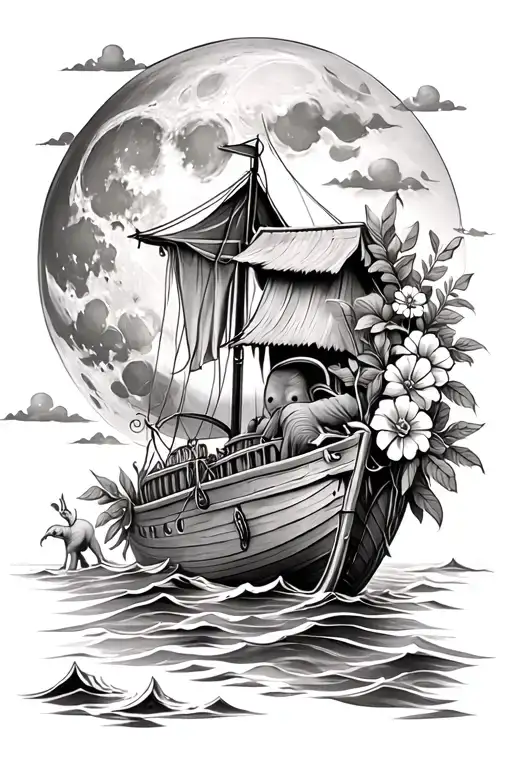 boat, ocean, moon, liberia, flowers, elephant, tombstone, hut tattoo design idea