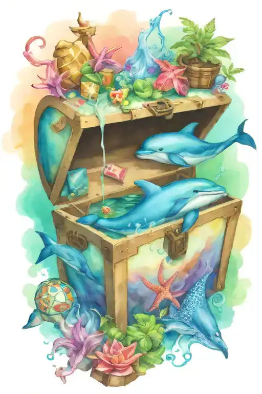 treasure chest smoking with ideas: Dolphins, D&D dice, paint brush,sea turtles tattoo design idea