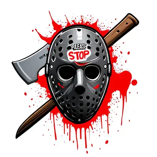 make a black hockey mask that says please stop from the video game manhunt with a machete behind it with blood dripping  tattoo design idea