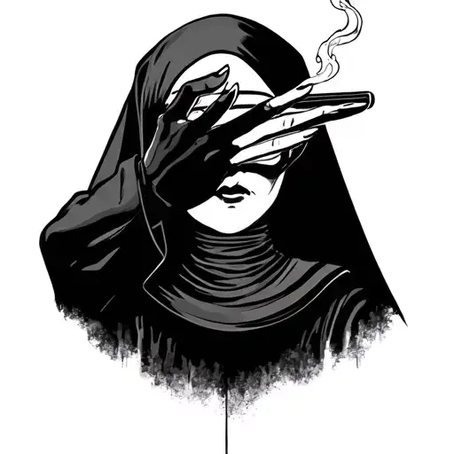 nun smoking, and a scary hand covering her eyes  tattoo design idea