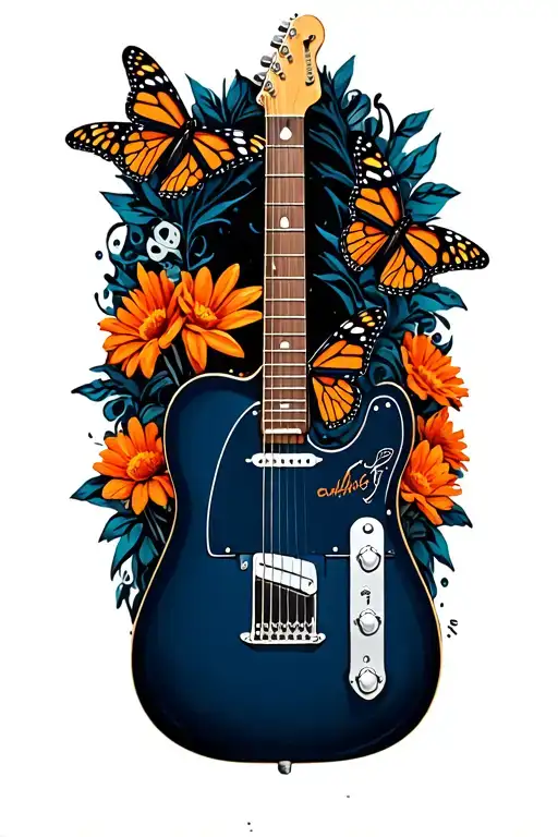 A dark blue Fender Telecaster guitar surrounded by monarch butterflies and orange flowers of the day of the dead tattoo design idea