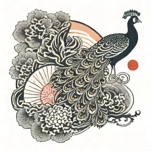 big red sun and a peacock flying Im background  tattoo design idea