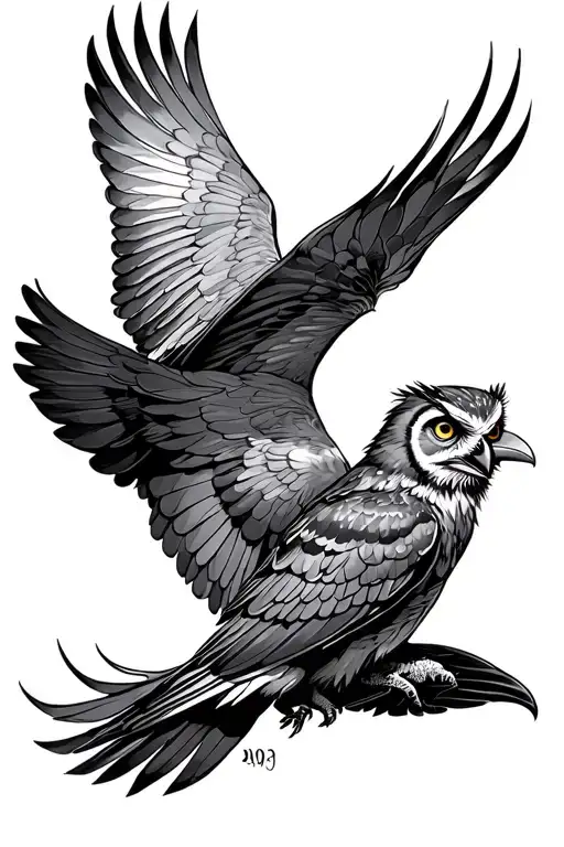 Raven and owl flying together tattoo design idea