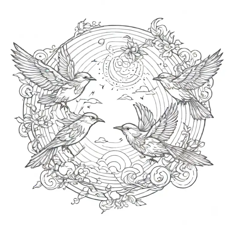 two small birds flying toward a sun with wispy wind or nature elements throughout  tattoo design idea