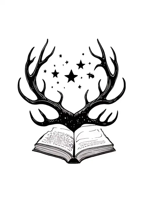 Book, antlers, flames, trhee stars, crecent moon tattoo design idea