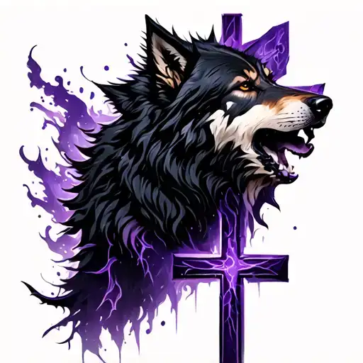 purple black wolf howling cross made tattoo design idea