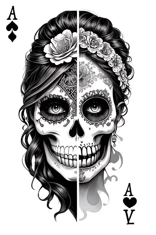 sleave with sugar skull fade half girl and skull and under the skull 3 cards marked with king, joker and queen tattoo design idea
